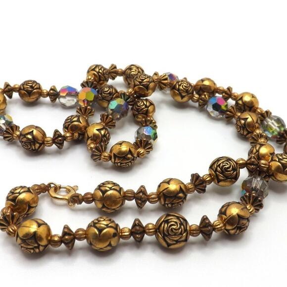 Vintage Aurora Borealis Crystals Rose Bead Necklace, 22 Inch, Spring Ring Clasp - Picture 9 of 11